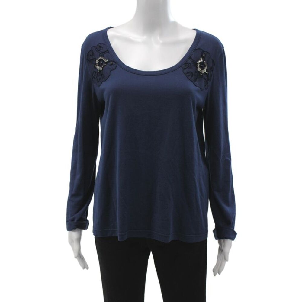 Chloe Womens T-Shirt Long Sleeve Scoop Neck Blue Embellished Cotton Size M